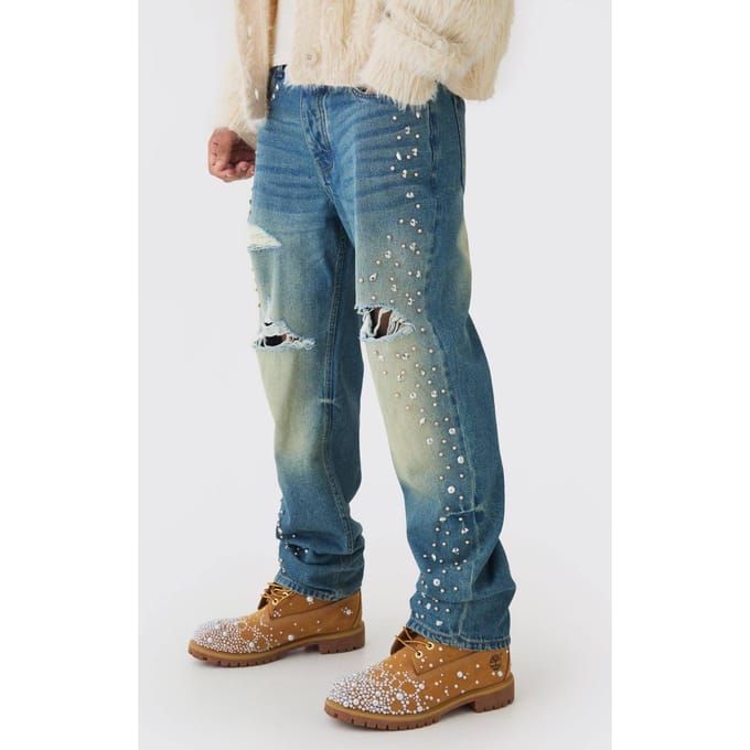 Relaxed Rigid Flared Rhinestone Embellished Ripped Jeans | Mid Blue | Size 50R