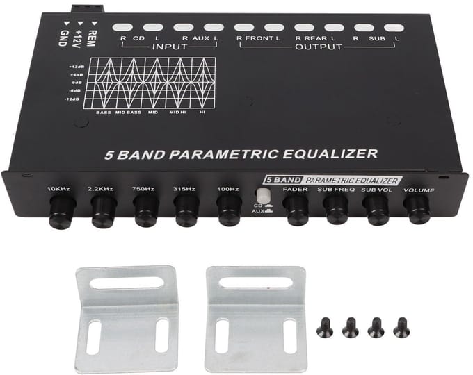 Dailygoods- Equalizer Auto - Professionele 5-Bands Verstelbare Equalizer - Grafische Equalizer - Crossover - Geluidsregeling - Afmetingen 19x12x3cm