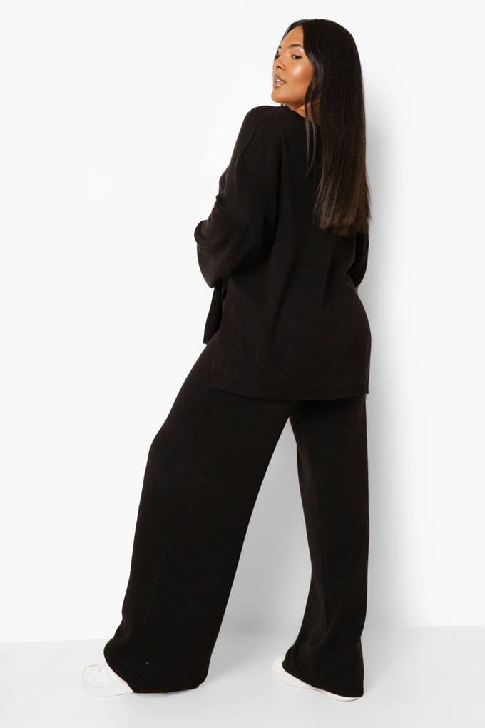 boohoo Dames Plus Gebreide V-hals Zijgespleten Broekset | Zwart | Maat: 44