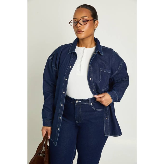 boohoo Dames Plus Oversized Denim Shirt | Indigo | Maat: 16