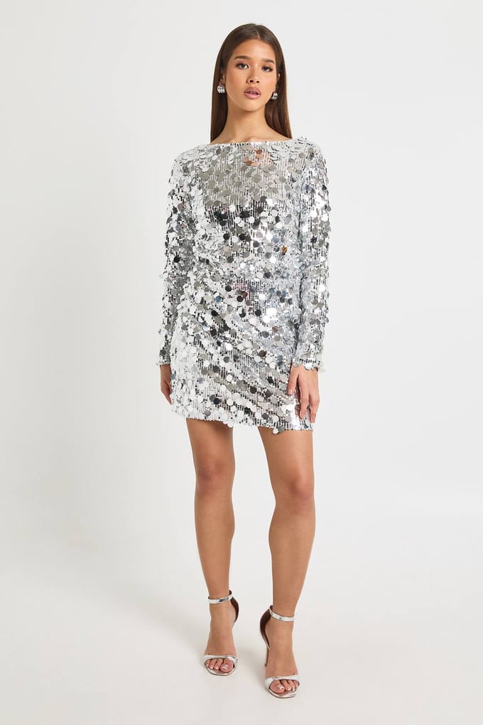 boohoo Dames Disc Sequin Blouson Shift Jurk | Silver | Maat: 12