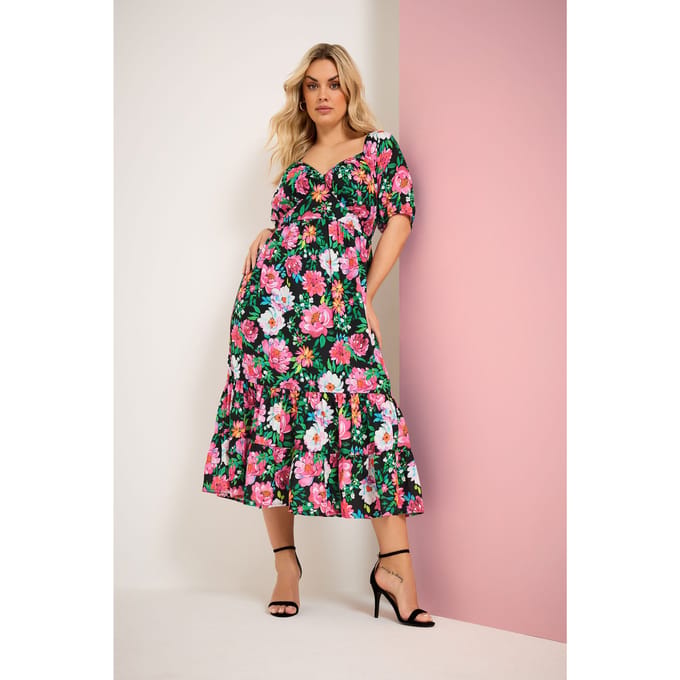 Yours Zwarte Midijurk Met Bloemenprint Size 48