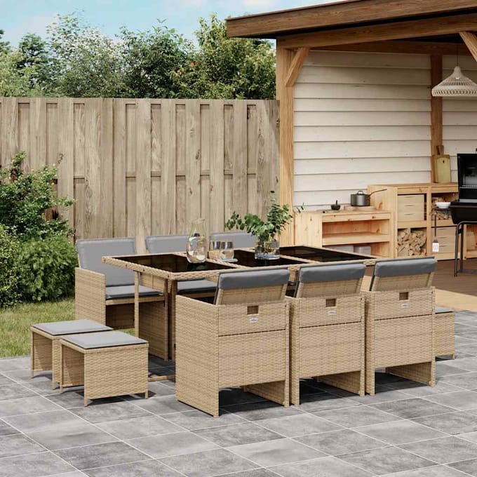vidaXL - 11-delige - Tuinset - met - kussens - poly - rattan - gemengd - beige