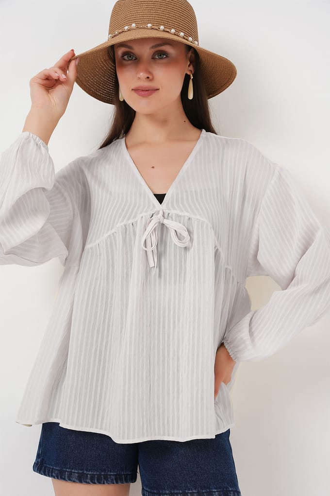 Gestructureerde Seersucker V-hals Blouse met Strikje