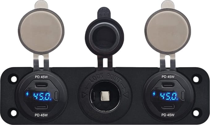 ProRide 12V USB C Autolader 2 Poorten - 45W/QC3.0 - Wattagemeter en 12V/24V Sigarettenplug - Drievoudig inbouw
