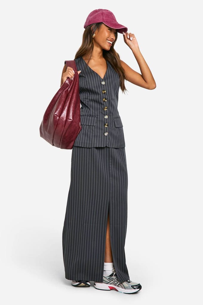 boohoo Dames Tonal Pinstripe Longline Waistcoat | Houtskool | Maat: 34