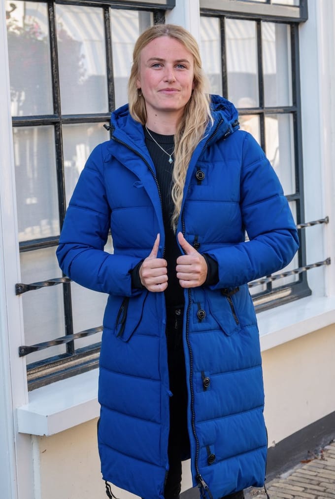 Lange dames winterjas - Gewatteerd en getailleerd - Kobaltblauw - Maat 44