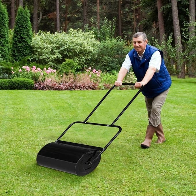 Gazonrol Staal - Tuinroller - Gazon Egaliseren - U-vormige Handgreep - 60 Liter Capaciteit - Zwart