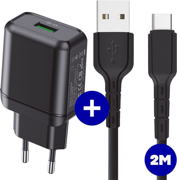 Usb Adapter met usb-C Kabel - 2 Meter - Snellader - Quick Charge 18w - Voor S21,Tab S7,Tab A8,Tab S6 Lite, A52, A53, A51, A13, S22, S21, S10