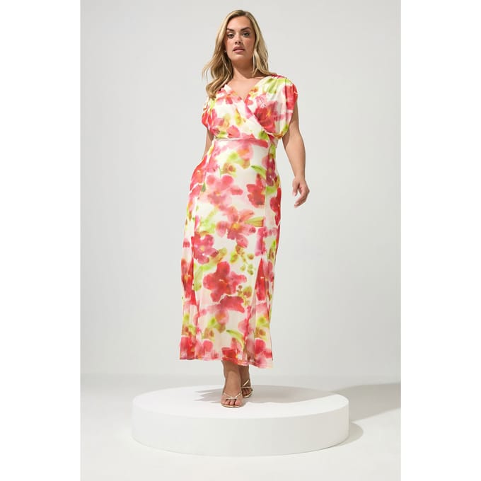 Yours London Witte Bloemenjurk Met Mesh En Godet Zoom Size 52