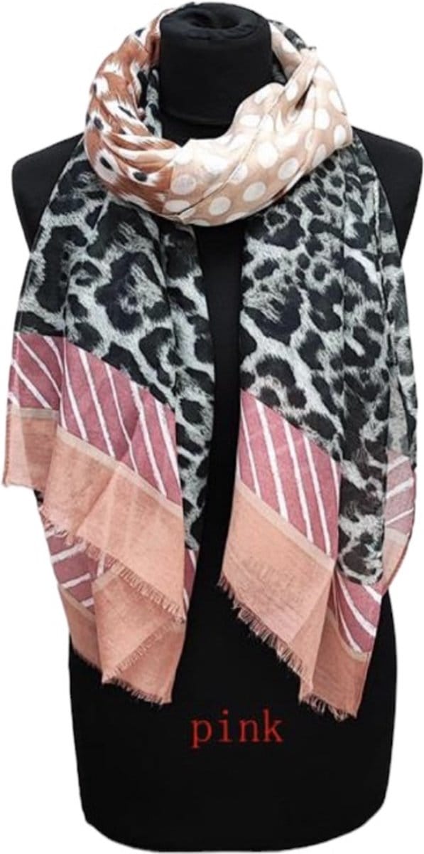 Dames Lange Dunne Sjaal MLH23-21 Panterprint 180x80CM Roze