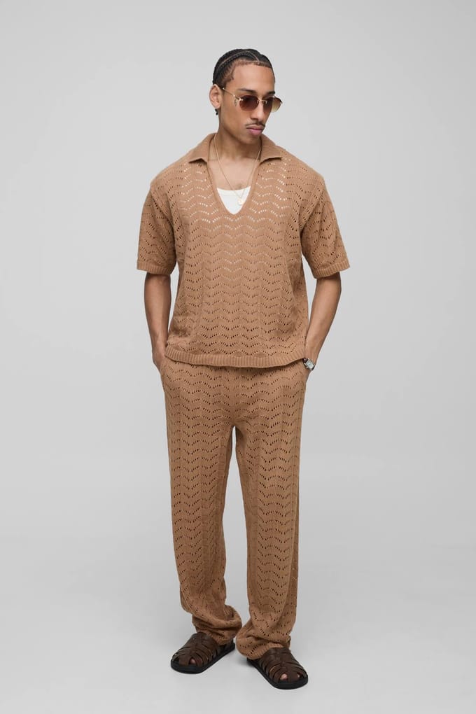 Relaxed Boxy V Neck Texture Knitted Trouser and Polo Set | Taupe | Size Small