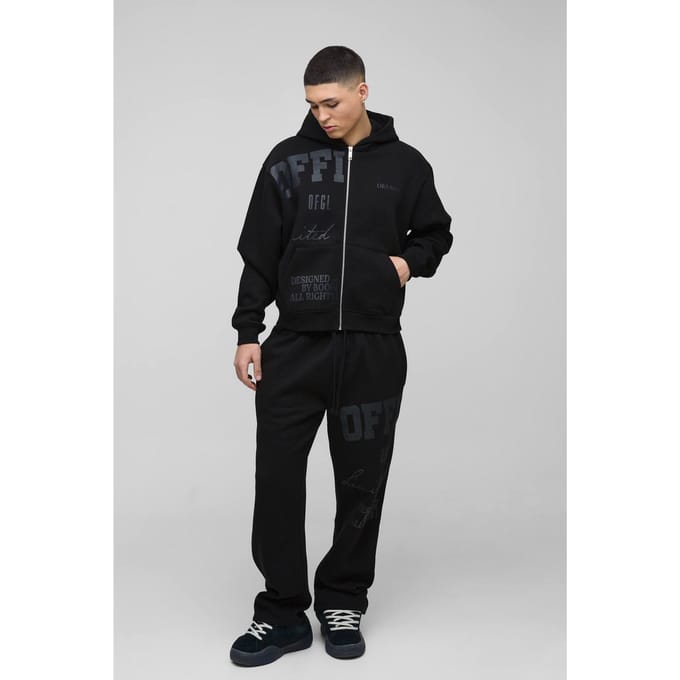 Oversized Boxy Officieel Tonal Print Zip Hoodie Trainingspak | Black | Size Medium