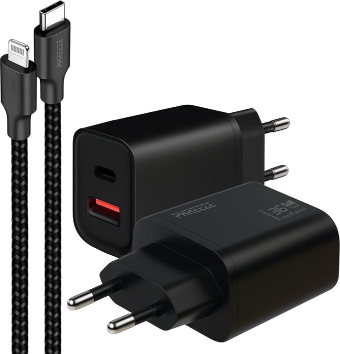 Oplader met kabel geschikt voor iPhone en iPad met Lightning - Snellader met 2 poorten usb usb C