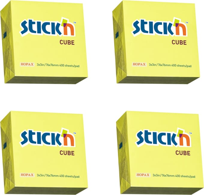 Stick'n Kubus sticky notes - 4 pack - 76x76mm, neon geel, memoblok 1600 memoblaadjes