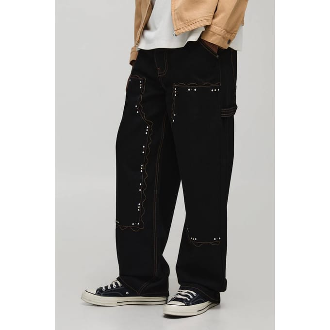 Relaxed Fit Carpenter Western Embellished Jeans | True Black | Size 48R