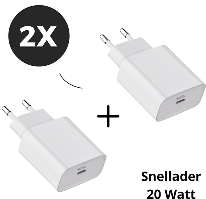 2x USB C adapter - 20W USB C snellader - Set van 2 - geschikt voor Apple iPhone en Samsung - wit - WiseQ