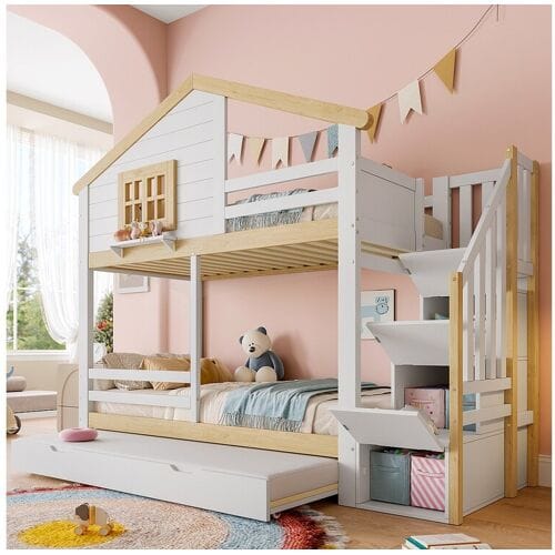 Merax Kinderstapelbed - 2 x 90 x 200 cm - met uitschuifbed 90 x 190 cm - opbergladder - MDF - wit