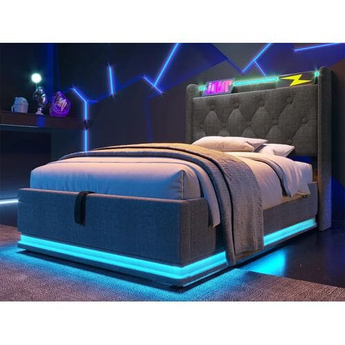 ModernLuxe Linnenbed van 90x200 cm - met LED- en USB- en Type-C-aansluitingen - Grijs