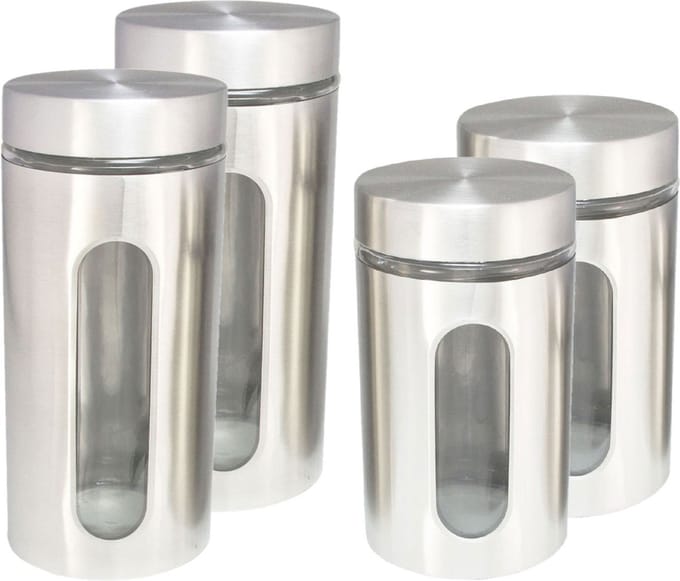 HI Set 4x voorraadpotten glas/rvs - 2 formaten - luchtdicht - vaatwasserbestendig