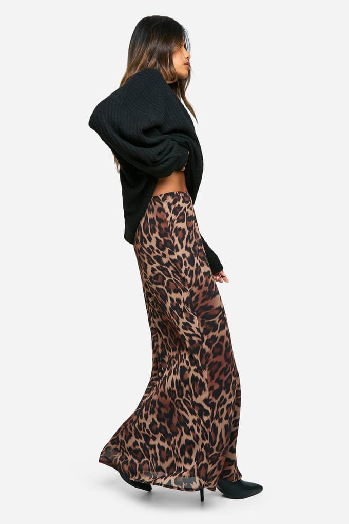 boohoo Dames Leopard Chiffon Maxi Rok | Brown | Maat: 6