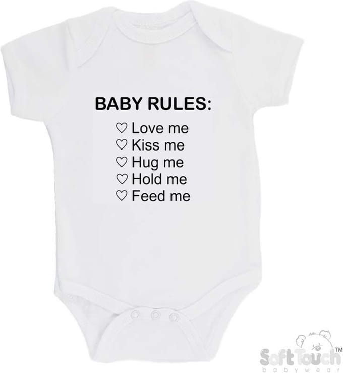 100% Katoenen Romper "Baby rules" Unisex Katoen Wit/zwart Maat 62/68