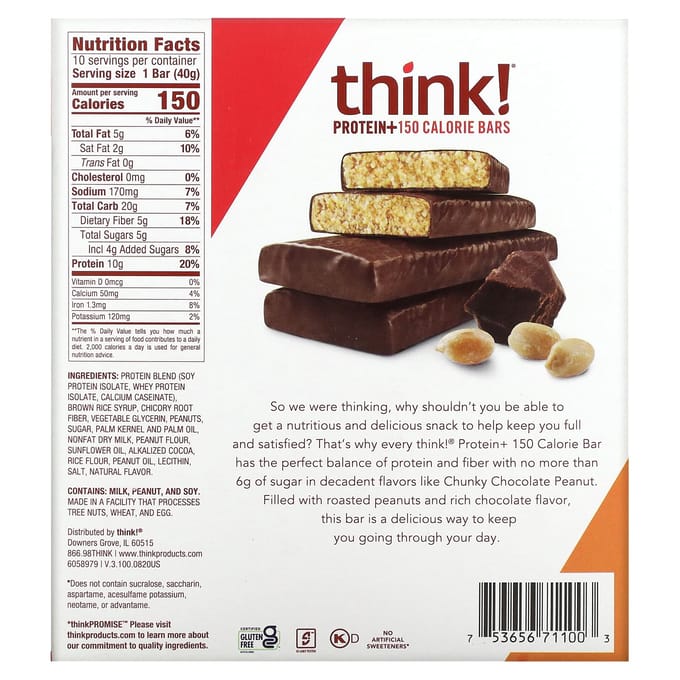 Denken!, Eiwit- en vezelrepen, Stukjes Chocolade Pinda's, 10 Repen, 40 g (40 gr) Elk