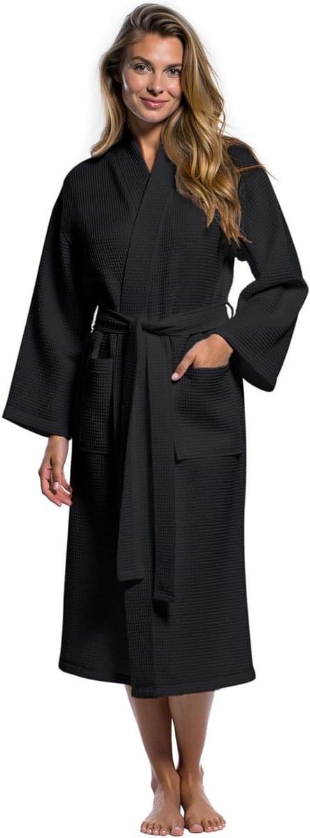 Luxe Badjas - Kimono Stijl - Ontspanning Thuis - Wafelstof - One Size - Zwart