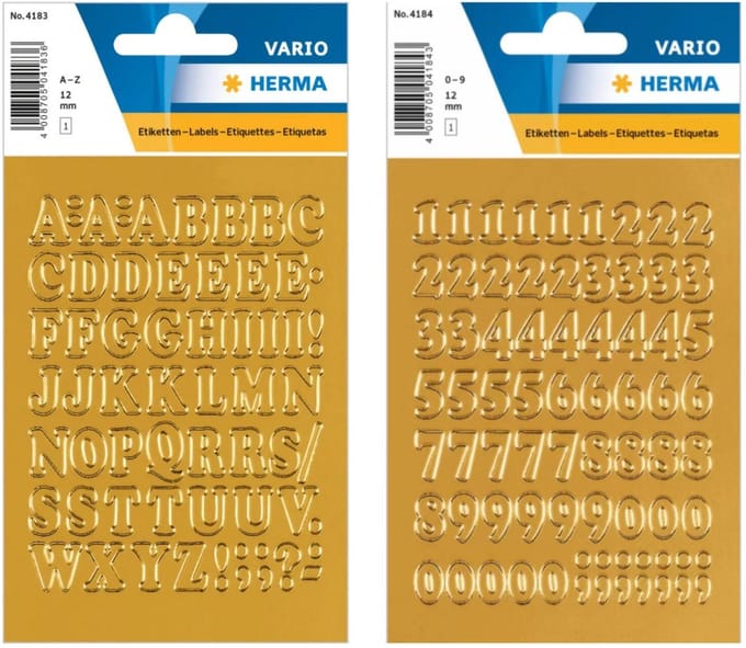 Herma stickervellen letters en cijfers - 2x vellen - goud - 12 mm - watervast