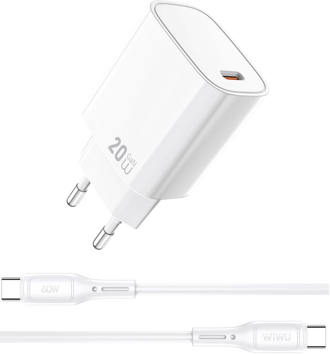 WiWU USB-C snellader 20W – Stekker inclusief USB-C Kabel – Wit