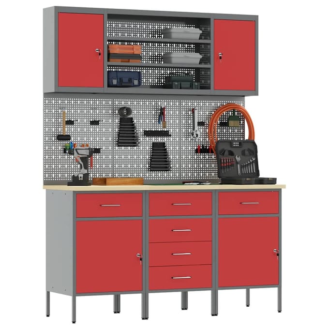 vidaXL - Werk - Cabinet - 7 - st - Rood - en - Grijs - Engineered - hout - en - staal