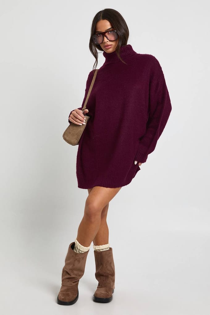 boohoo Dames Petite Super Soft Geborstelde Gebreide Rolkraag Mini-Jurk | Aubergine | Maat: Medium