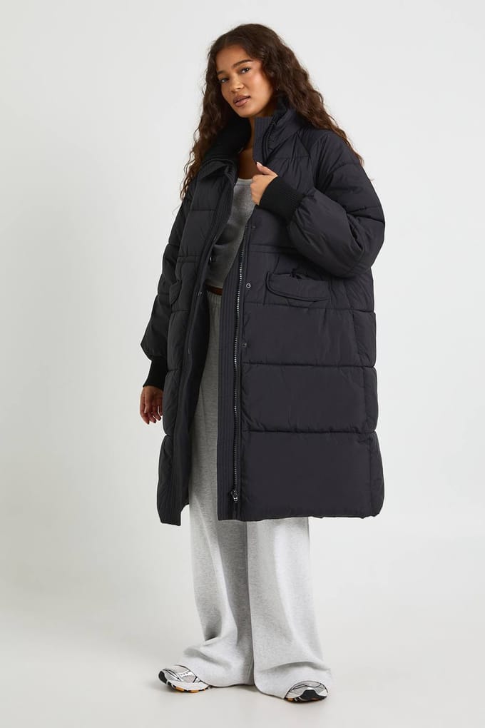 boohoo Dames Rib Detail Longline Puffer Jas | Black | Maat: 10