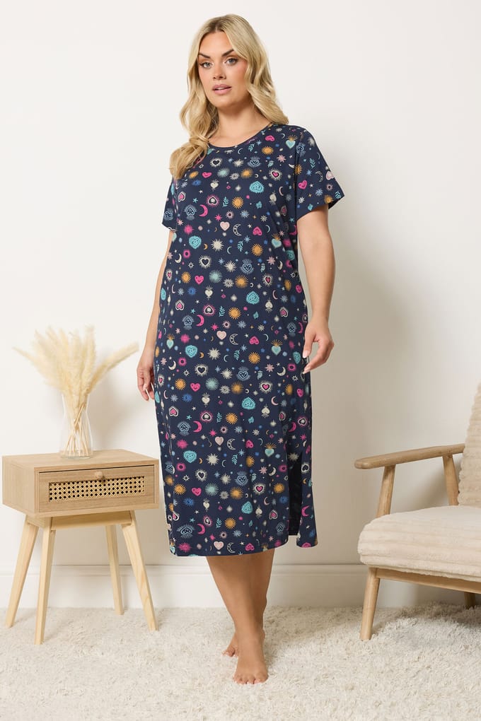 Yours Marineblauw Midaxinachthemd Met Sterrenprint Size 62-64