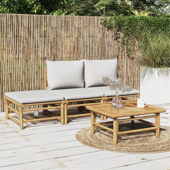 vidaXL - 4-delige - Loungeset - met - kussens - bamboe - lichtgrijs