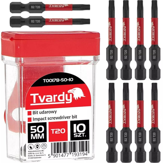 Tvardy Impact bit T20 - 50mm lengte - S2 staal - Magnetische punt - Set van 10 stuks