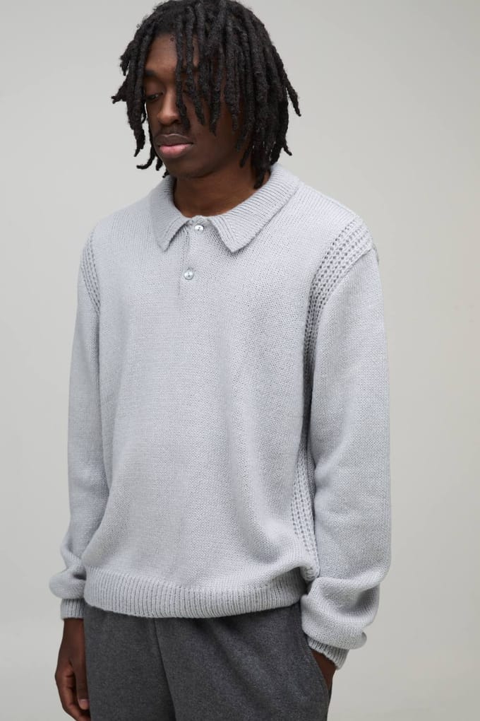 Regular Fit Fluffy Button Knitted Long Sleeve Polo T-Shirt | Light Grey | Size Large