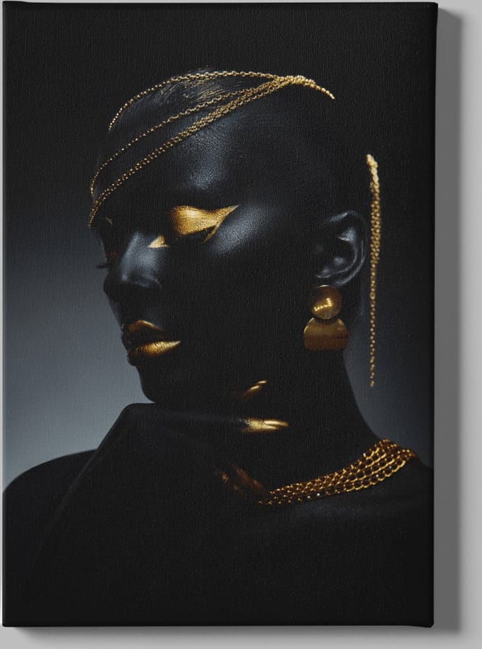 Canvas Schilderijen - Vrouw Portret - Gouden Sieraden - 60x40x2 cm