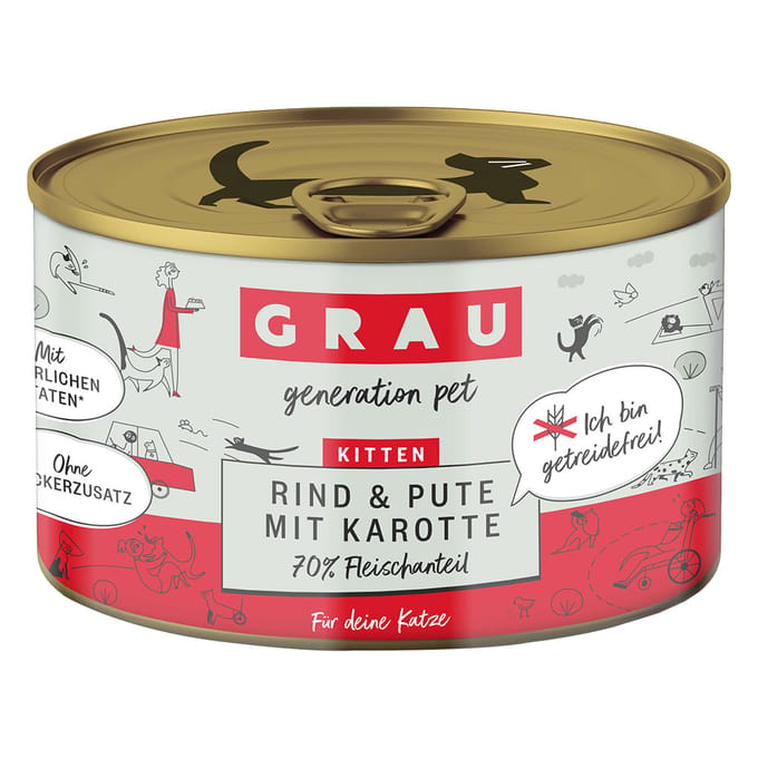 6x200g Kitten Rund/Kalkoen/Wortel Bliksmulpotjes Grau Kattenvoer