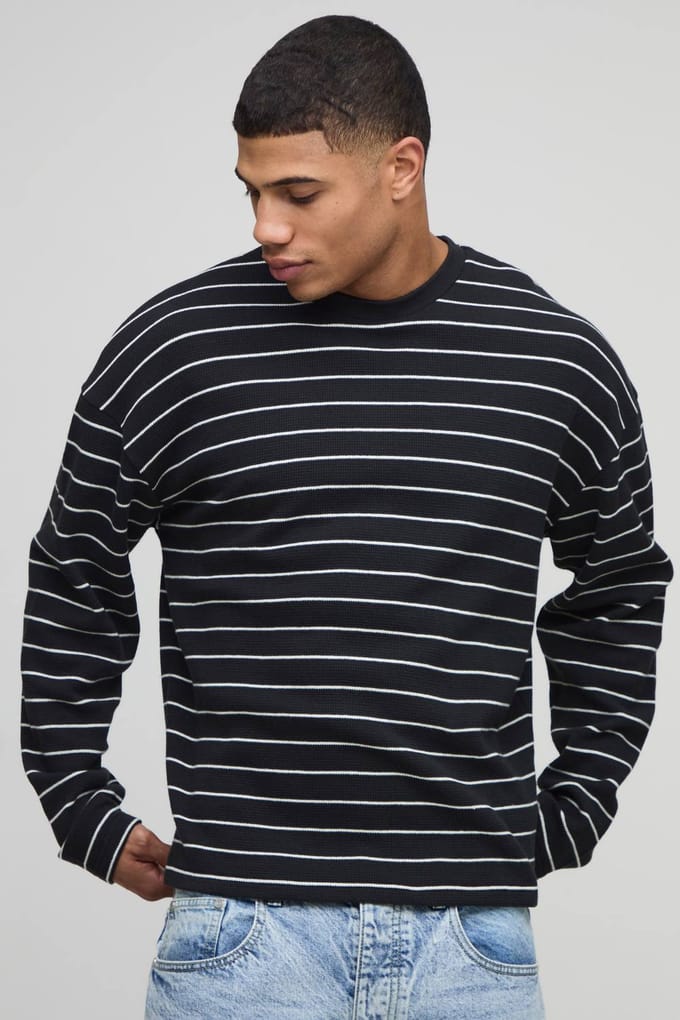 Oversized Gestreept Zwaargewicht Lange Mouw Wafel T-Shirt | Black | Size XL