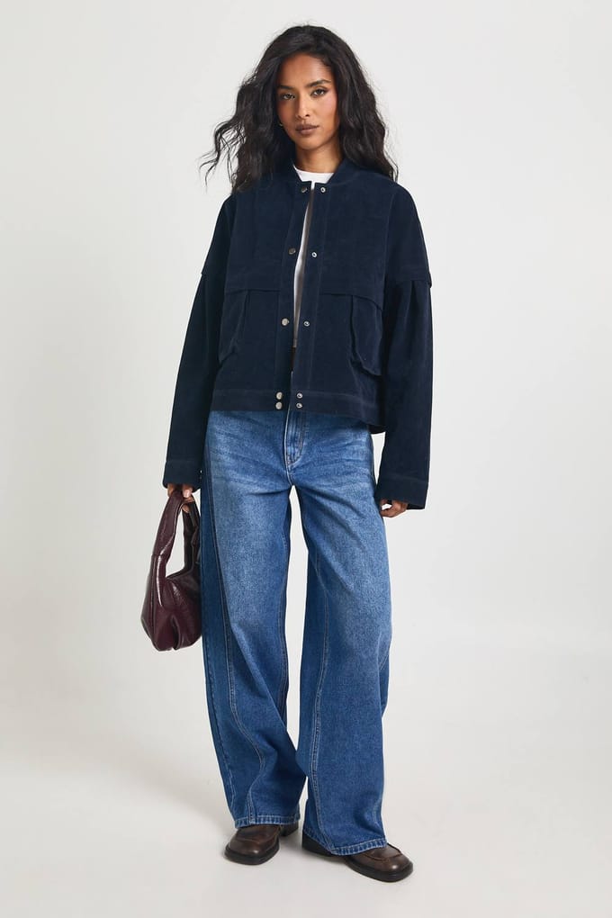 boohoo Dames Boxy Suede Bomberjack | Navy | Maat: 14