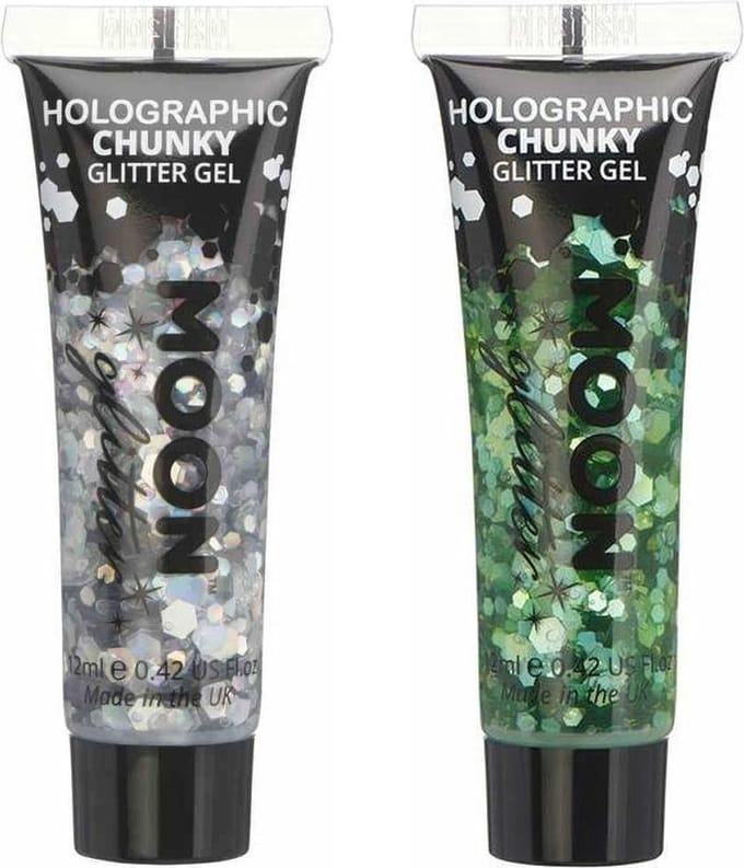 Moon Creations Chunky Glittergel set - voor lichaam en gezicht - zilver/groen