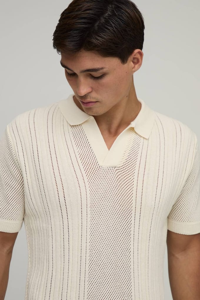 Boxy Fit V Neck Open Rib Knitted Polo T-Shirt | Ecru | Size Medium