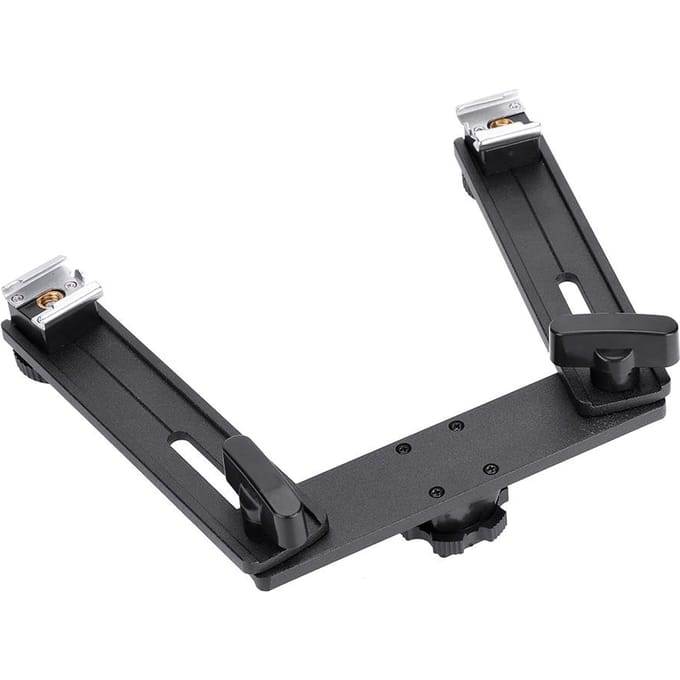 Aluminiumlegering Beugel Houder Standaard met Dubbele Flitsschoen voor Camera Flitser Speedlite black