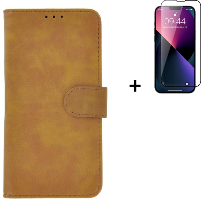 Geschikt voor iPhone 13 Pro Max Hoesje + iPhone 13 Pro Max Screenprotector - iPhone 13 Pro Max Hoes Wallet Bookcase Bruin + Full Tempered Glass