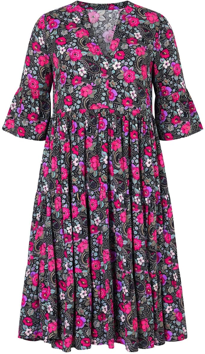 Studio Untold - Dames - Midi-jurk A-lijn bloemenpatroon - Zwart - Maat 46+