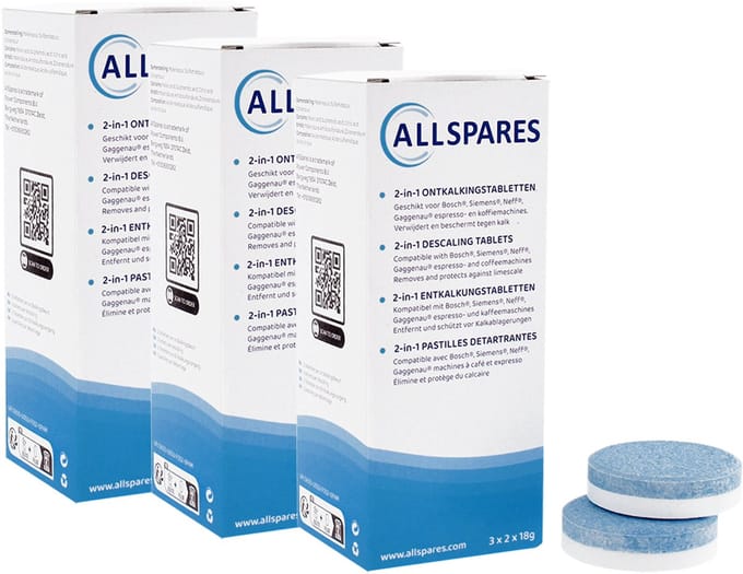 AllSpares 2-in-1 Ontkalkingstabletten (18x 18gr Tabs) geschikt voor koffiemachines van Bosch Siemens 311821 / 311975 / TCZ8002 / TZ80002