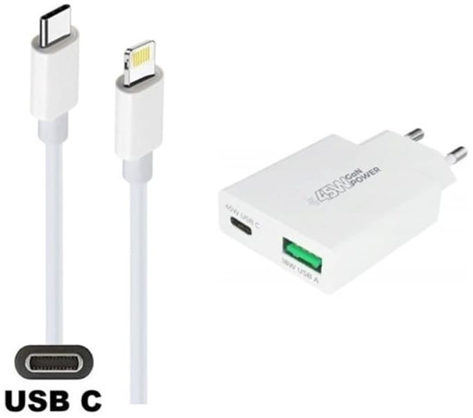 45W super snellader met 2 poorten + 0,95m USB C naar Lightning kabel. Universele PD PPS lader. Compacte GAN oplader adapter past op Apple iPhone 13, 13 Mini, 13 Pro, 13 Pro Max, iPhone 14, 14 Plus, 14 Pro, 14 Pro Max