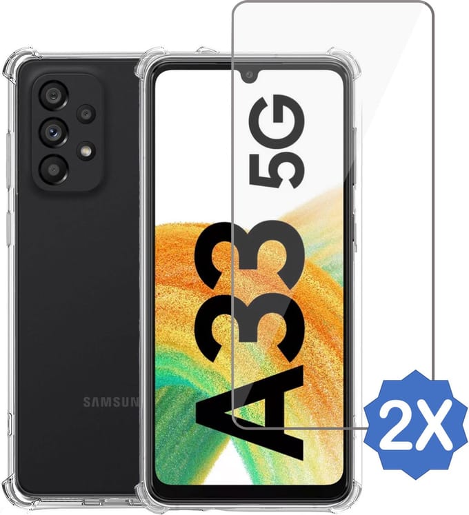 Geschikt voor Samsung A33 5G Hoesje + 2x Screenprotector – Gehard Glas Cover – Shock Proof Case – Transparant