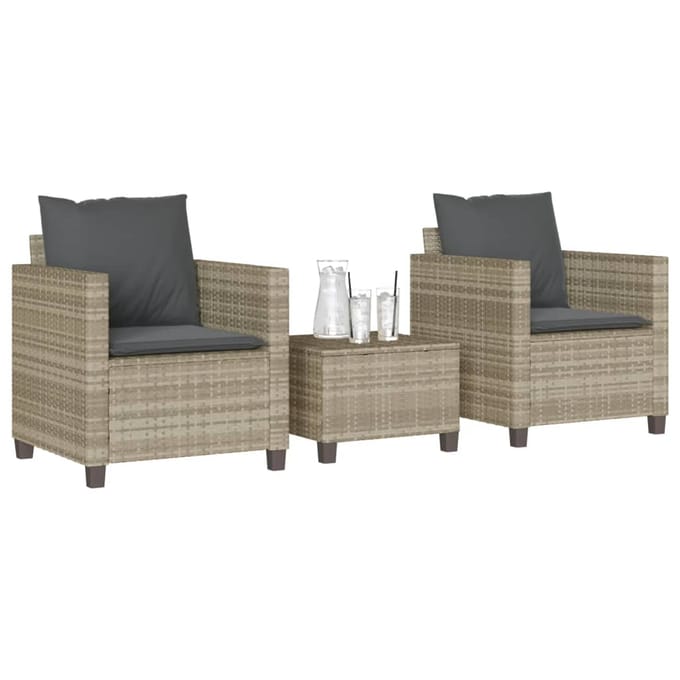vidaXL - 3-delige - Bistroset - met - kussens - poly - rattan - lichtgrijs